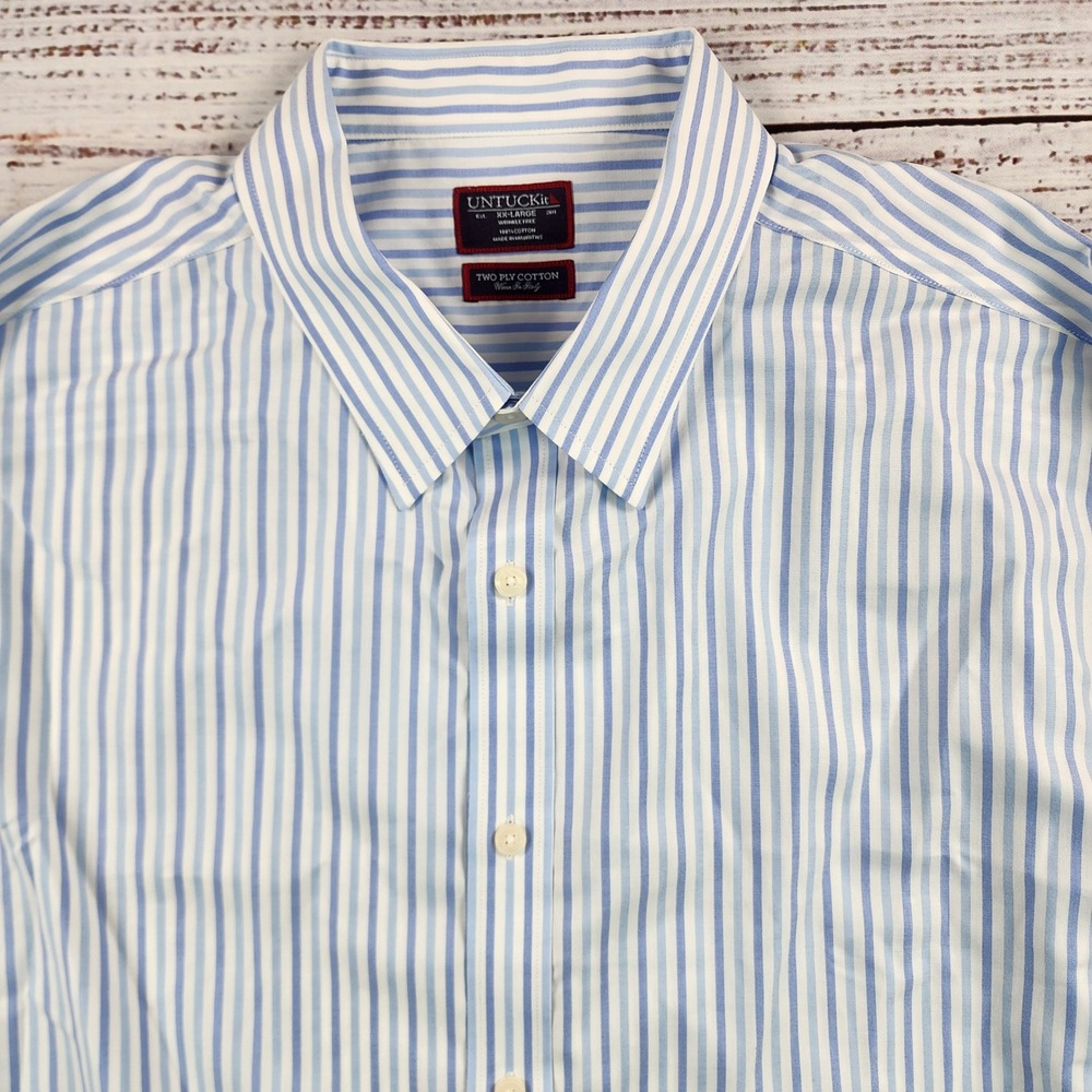 UNTUCKit Mens XXL Two Ply Cotton Wrinkle Free Long Sleeve Shirt Blue Stripe